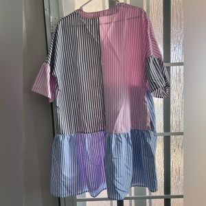 Mini dress (pink, light blue & grey) White button down on front.